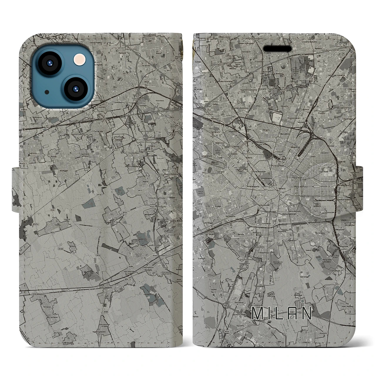 【ミラノ】地図柄iPhoneケース（手帳両面タイプ・モノトーン）iPhone 13 用