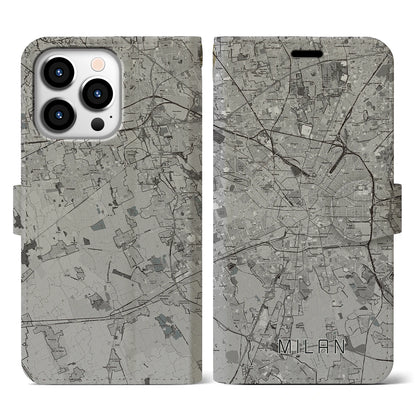 【ミラノ（イタリア）】地図柄iPhoneケース（手帳タイプ）モノトーン・iPhone 13 Pro 用