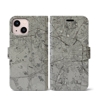 【ミラノ（イタリア）】地図柄iPhoneケース（手帳タイプ）モノトーン・iPhone 13 mini 用
