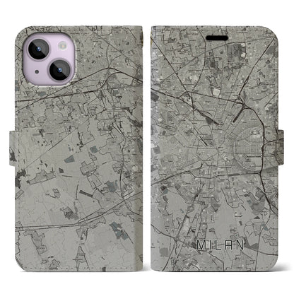 【ミラノ（イタリア）】地図柄iPhoneケース（手帳タイプ）モノトーン・iPhone 14 用
