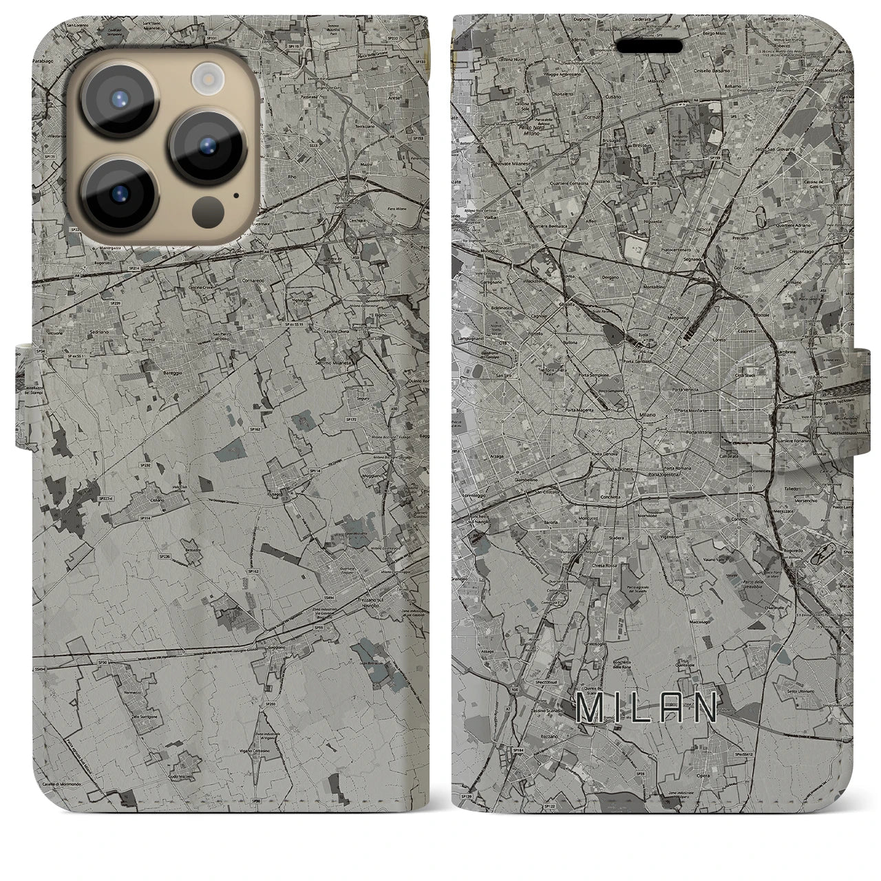 【ミラノ】地図柄iPhoneケース（手帳両面タイプ・モノトーン）iPhone 14 Pro Max 用