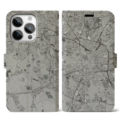 【ミラノ（イタリア）】地図柄iPhoneケース（手帳タイプ）モノトーン・iPhone 14 Pro 用