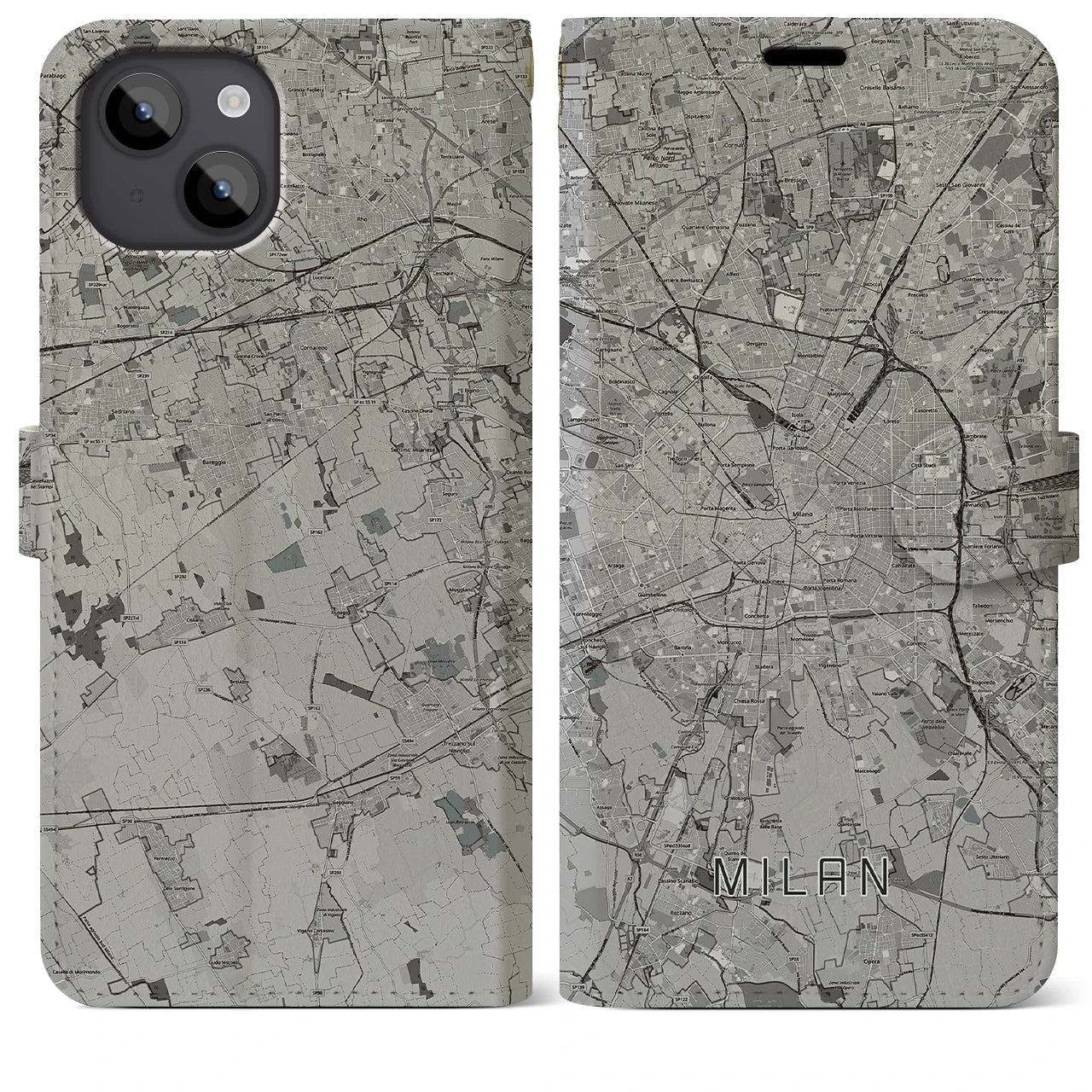 【ミラノ】地図柄iPhoneケース（手帳両面タイプ・モノトーン）iPhone 14 Plus 用