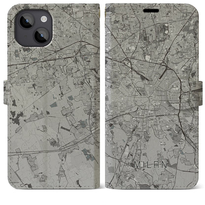 【ミラノ（イタリア）】地図柄iPhoneケース（手帳タイプ）モノトーン・iPhone 14 Plus 用