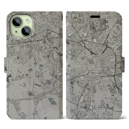 【ミラノ（イタリア）】地図柄iPhoneケース（手帳タイプ）モノトーン・iPhone 15 用