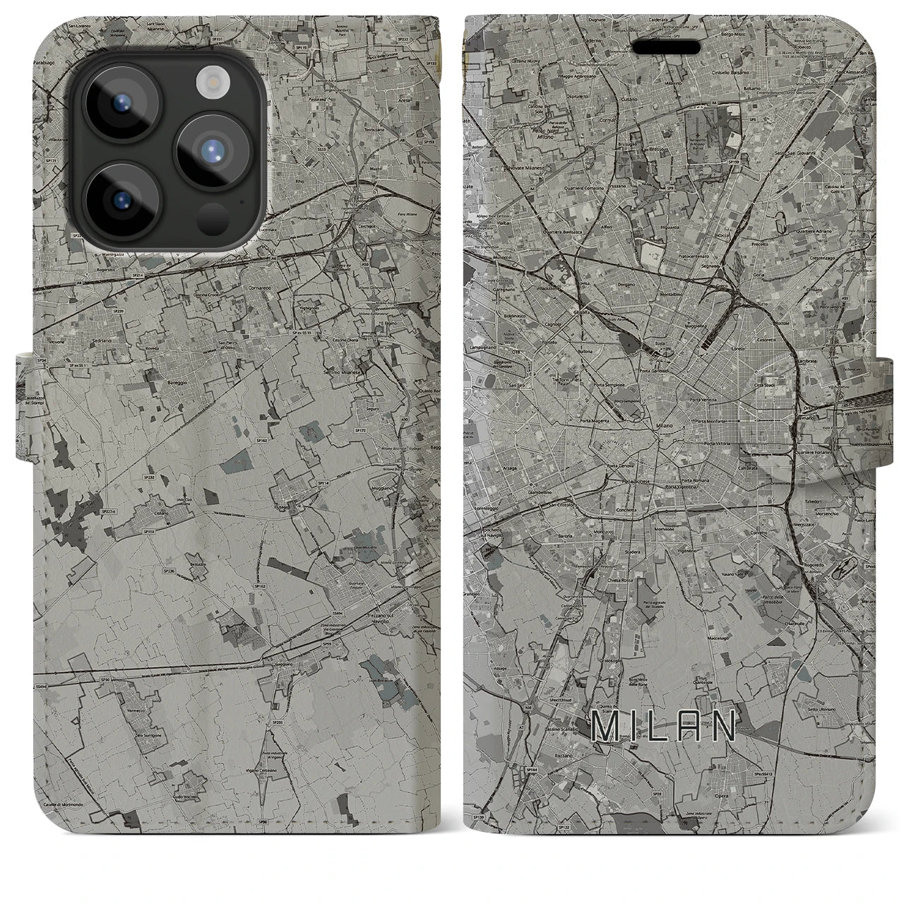 【ミラノ】地図柄iPhoneケース（手帳両面タイプ・モノトーン）iPhone 15 Pro Max 用