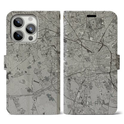 【ミラノ（イタリア）】地図柄iPhoneケース（手帳タイプ）モノトーン・iPhone 15 Pro 用