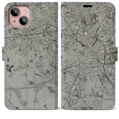 【ミラノ（イタリア）】地図柄iPhoneケース（手帳タイプ）モノトーン・iPhone 15 Plus 用
