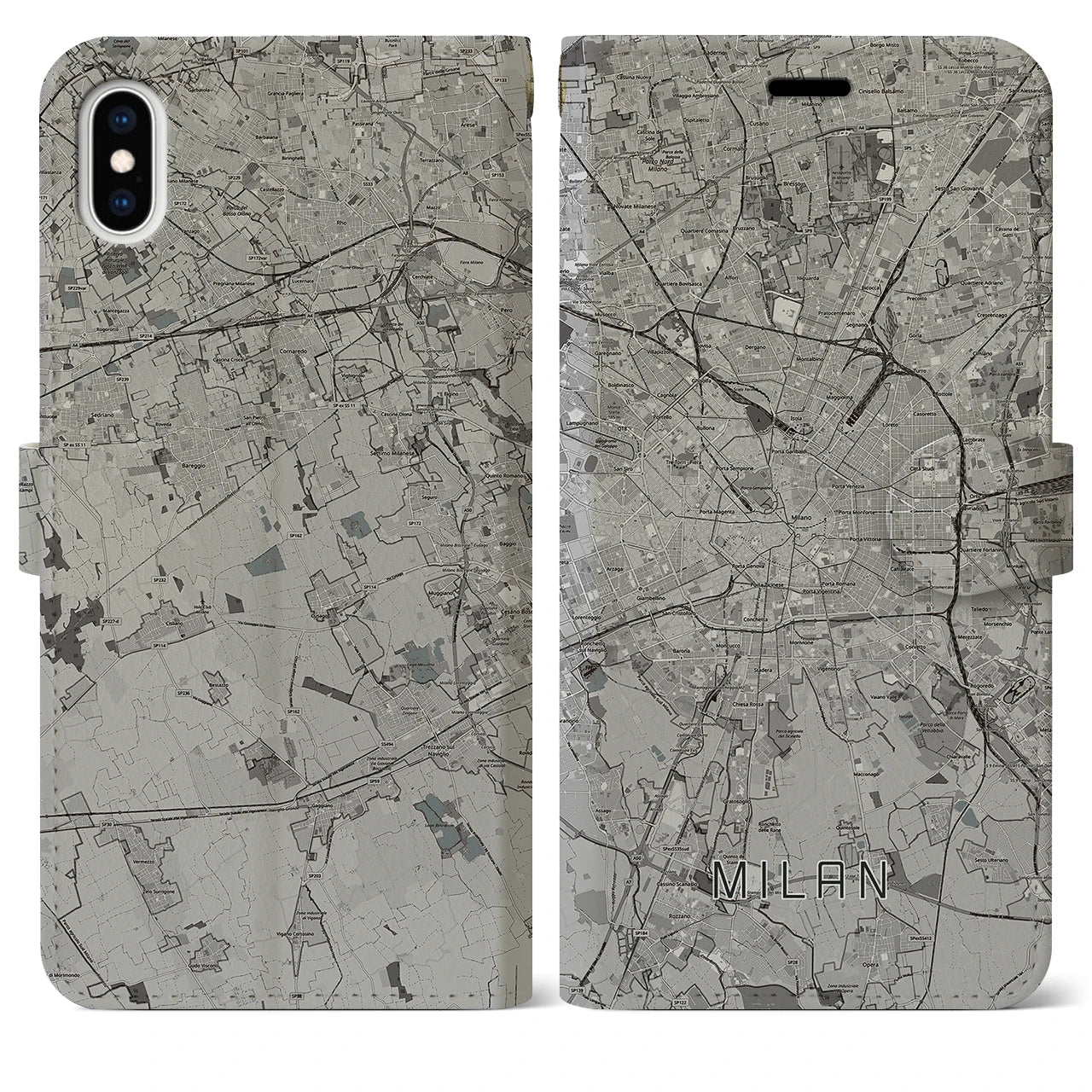 【ミラノ】地図柄iPhoneケース（手帳両面タイプ・モノトーン）iPhone XS Max 用