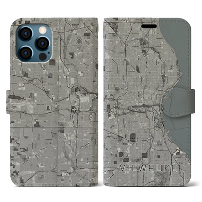 【ミルウォーキー（アメリカ）】地図柄iPhoneケース（手帳タイプ）モノトーン・iPhone 12 / 12 Pro 用