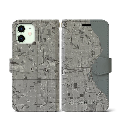 【ミルウォーキー（アメリカ）】地図柄iPhoneケース（手帳タイプ）モノトーン・iPhone 12 mini 用