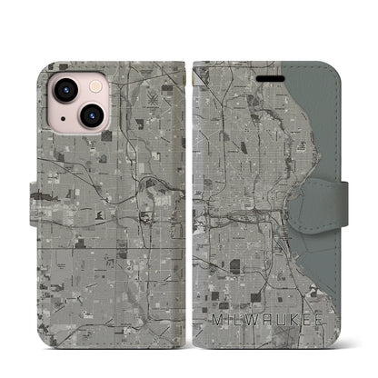 【ミルウォーキー（アメリカ）】地図柄iPhoneケース（手帳タイプ）モノトーン・iPhone 13 mini 用