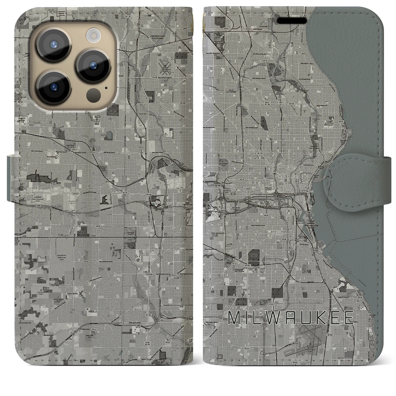 【ミルウォーキー】地図柄iPhoneケース（手帳両面タイプ・モノトーン）iPhone 14 Pro Max 用