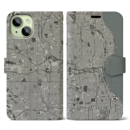 【ミルウォーキー（アメリカ）】地図柄iPhoneケース（手帳タイプ）モノトーン・iPhone 15 用