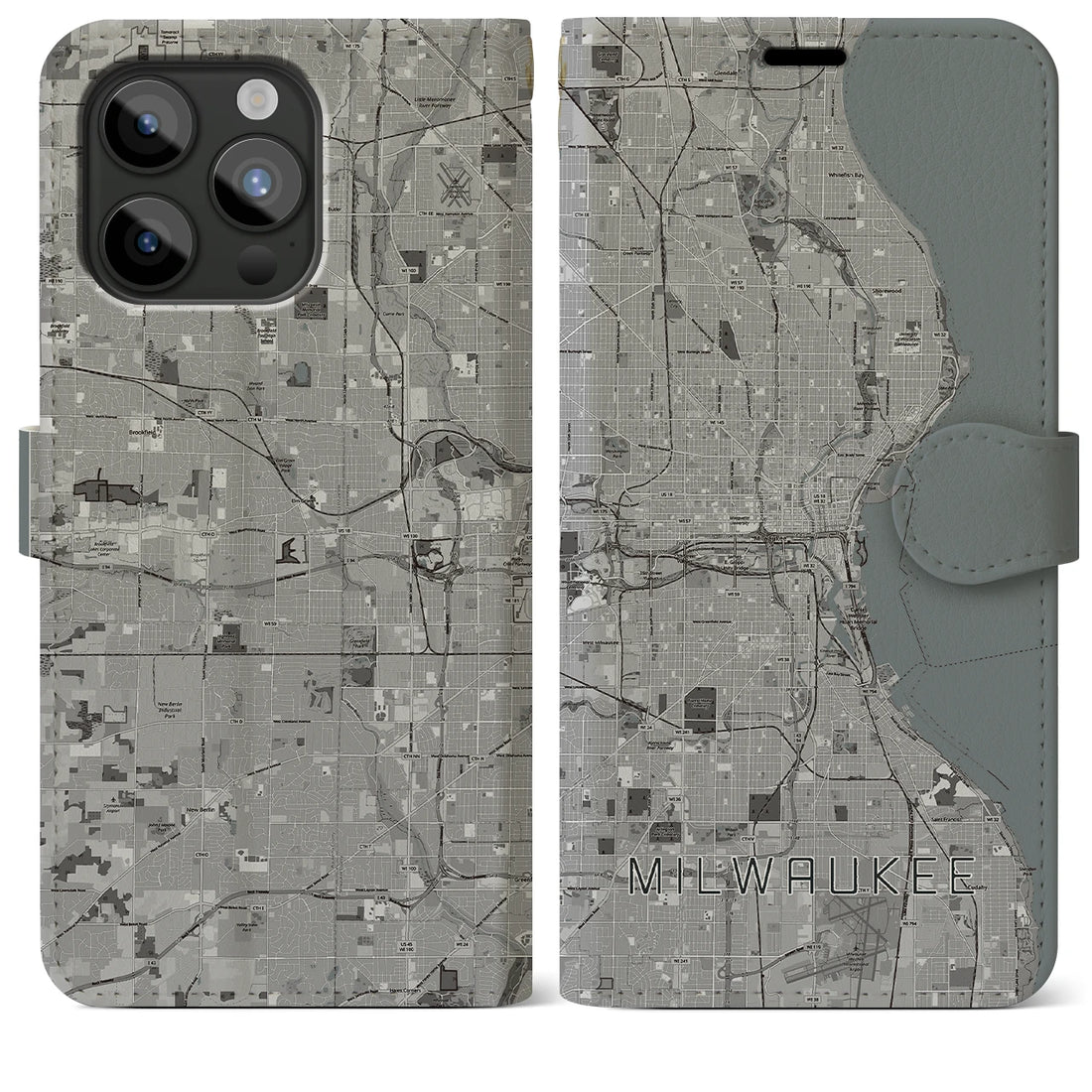 【ミルウォーキー】地図柄iPhoneケース（手帳両面タイプ・モノトーン）iPhone 15 Pro Max 用