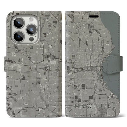 【ミルウォーキー（アメリカ）】地図柄iPhoneケース（手帳タイプ）モノトーン・iPhone 15 Pro 用