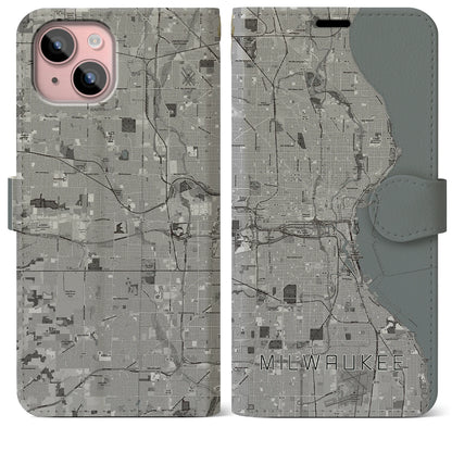 【ミルウォーキー（アメリカ）】地図柄iPhoneケース（手帳タイプ）モノトーン・iPhone 15 Plus 用