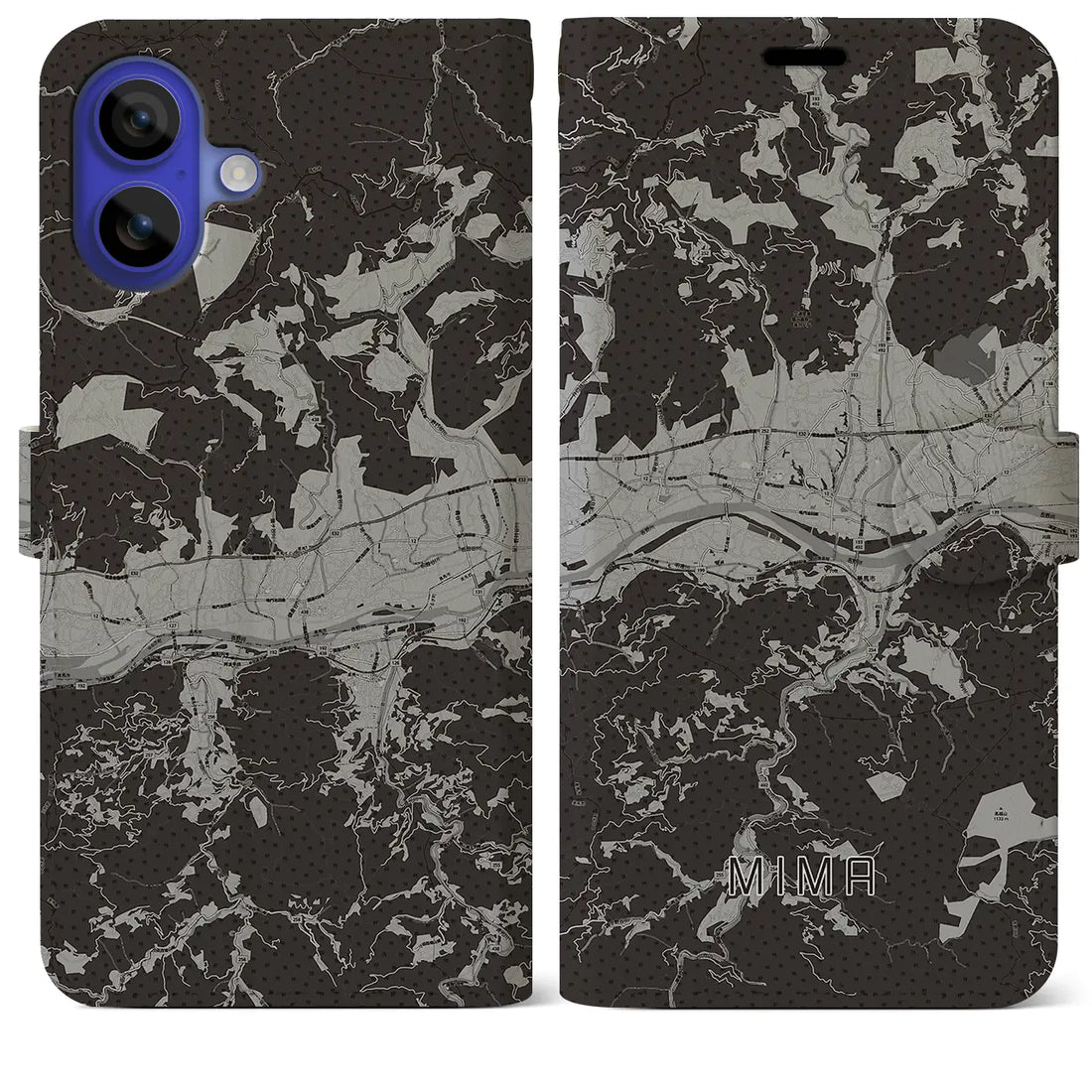 【美馬(徳島県)】地図柄iPhoneケース(手帳タイプ)モノトーン・iPhone 16 Pro Max 用