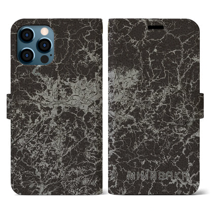 【美作（岡山県）】地図柄iPhoneケース（手帳タイプ）モノトーン・iPhone 12 / 12 Pro 用