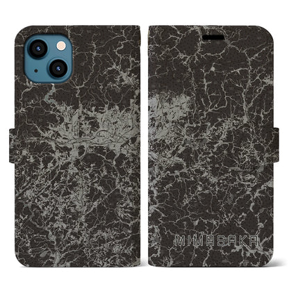 【美作（岡山県）】地図柄iPhoneケース（手帳タイプ）モノトーン・iPhone 13 用