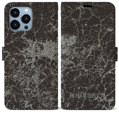 【美作（岡山県）】地図柄iPhoneケース（手帳タイプ）モノトーン・iPhone 13 Pro Max 用