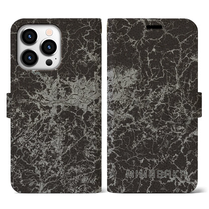 【美作（岡山県）】地図柄iPhoneケース（手帳タイプ）モノトーン・iPhone 13 Pro 用