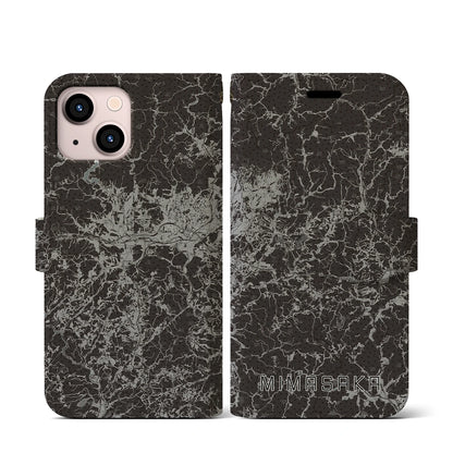 【美作（岡山県）】地図柄iPhoneケース（手帳タイプ）モノトーン・iPhone 13 mini 用