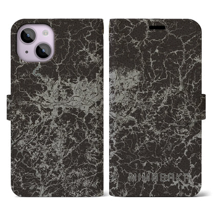 【美作（岡山県）】地図柄iPhoneケース（手帳タイプ）モノトーン・iPhone 14 用