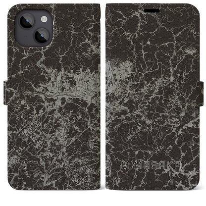 【美作（岡山県）】地図柄iPhoneケース（手帳タイプ）モノトーン・iPhone 14 Plus 用