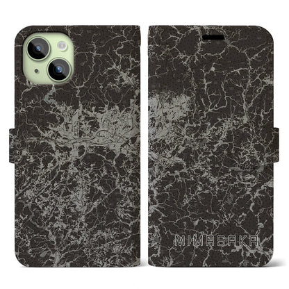 【美作（岡山県）】地図柄iPhoneケース（手帳タイプ）モノトーン・iPhone 15 用