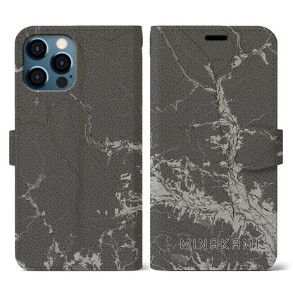 【みなかみ（群馬県）】地図柄iPhoneケース（手帳タイプ）モノトーン・iPhone 12 / 12 Pro 用