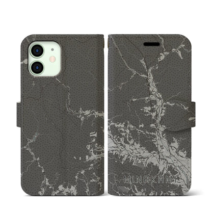 【みなかみ（群馬県）】地図柄iPhoneケース（手帳タイプ）モノトーン・iPhone 12 mini 用