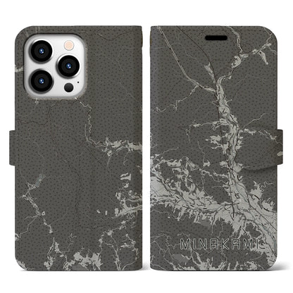 【みなかみ（群馬県）】地図柄iPhoneケース（手帳タイプ）モノトーン・iPhone 13 Pro 用