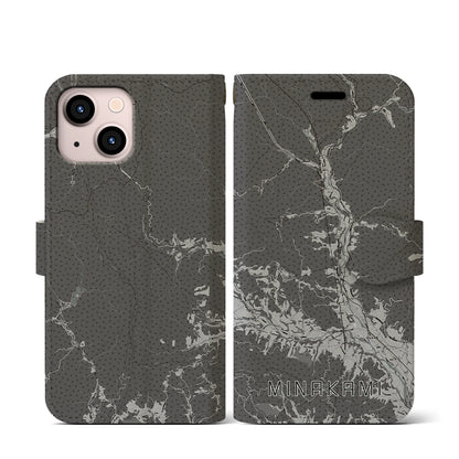 【みなかみ（群馬県）】地図柄iPhoneケース（手帳タイプ）モノトーン・iPhone 13 mini 用