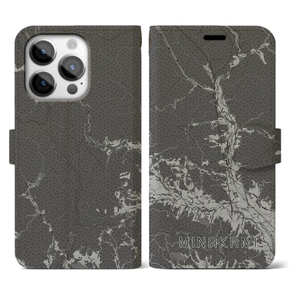 【みなかみ（群馬県）】地図柄iPhoneケース（手帳タイプ）モノトーン・iPhone 14 Pro 用