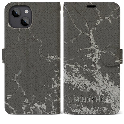 【みなかみ（群馬県）】地図柄iPhoneケース（手帳タイプ）モノトーン・iPhone 14 Plus 用