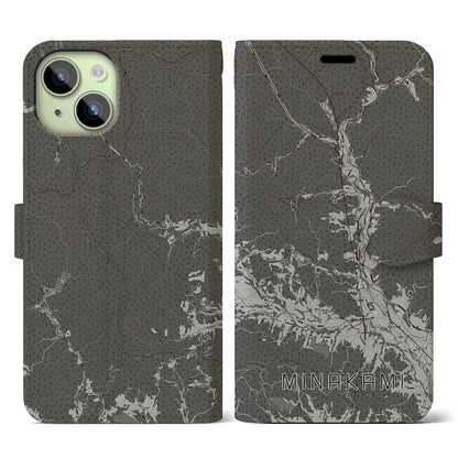 【みなかみ（群馬県）】地図柄iPhoneケース（手帳タイプ）モノトーン・iPhone 15 用