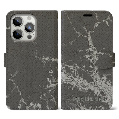 【みなかみ（群馬県）】地図柄iPhoneケース（手帳タイプ）モノトーン・iPhone 15 Pro 用