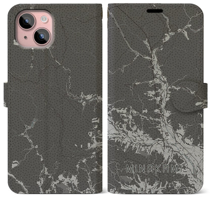 【みなかみ（群馬県）】地図柄iPhoneケース（手帳タイプ）モノトーン・iPhone 15 Plus 用