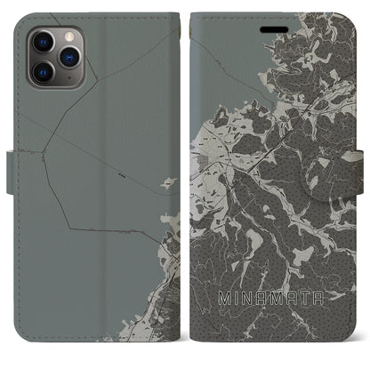 【水俣（熊本県）】地図柄iPhoneケース（手帳タイプ）モノトーン・iPhone 11 Pro Max 用