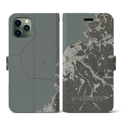 【水俣（熊本県）】地図柄iPhoneケース（手帳タイプ）モノトーン・iPhone 11 Pro 用