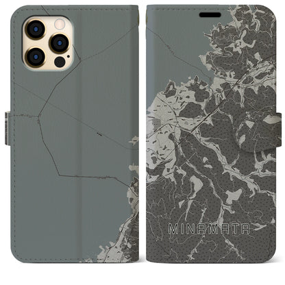 【水俣（熊本県）】地図柄iPhoneケース（手帳タイプ）モノトーン・iPhone 12 Pro Max 用