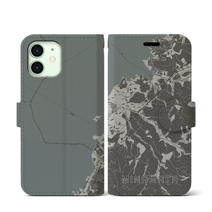 【水俣（熊本県）】地図柄iPhoneケース（手帳タイプ）モノトーン・iPhone 12 mini 用