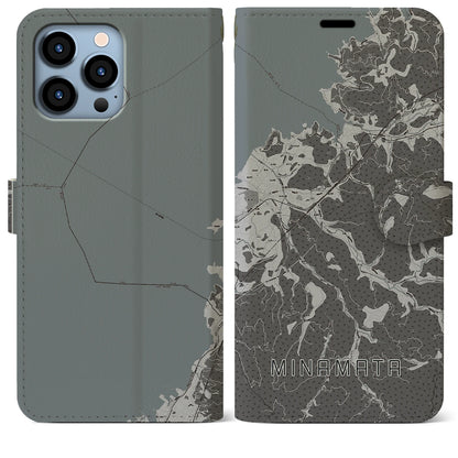 【水俣（熊本県）】地図柄iPhoneケース（手帳タイプ）モノトーン・iPhone 13 Pro Max 用