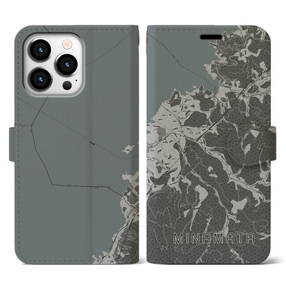 【水俣（熊本県）】地図柄iPhoneケース（手帳タイプ）モノトーン・iPhone 13 Pro 用