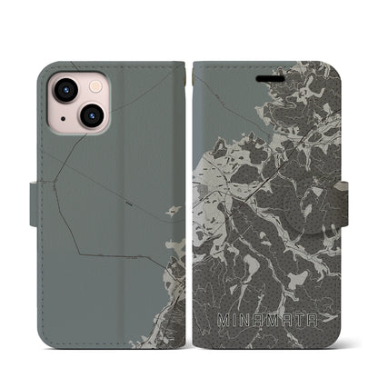 【水俣（熊本県）】地図柄iPhoneケース（手帳タイプ）モノトーン・iPhone 13 mini 用