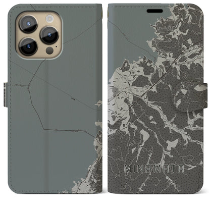 【水俣（熊本県）】地図柄iPhoneケース（手帳タイプ）モノトーン・iPhone 14 Pro Max 用