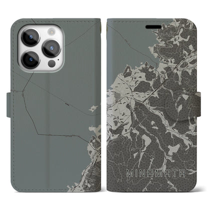 【水俣（熊本県）】地図柄iPhoneケース（手帳タイプ）モノトーン・iPhone 14 Pro 用