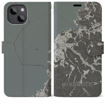 【水俣（熊本県）】地図柄iPhoneケース（手帳タイプ）モノトーン・iPhone 14 Plus 用