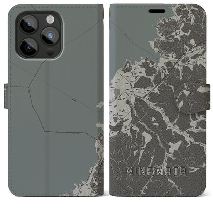 【水俣（熊本県）】地図柄iPhoneケース（手帳タイプ）モノトーン・iPhone 15 Pro Max 用